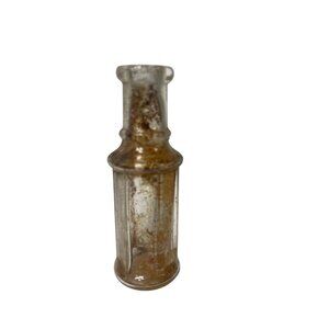 Antique mini Clear Glass Apothecary Bottle With Stained Patina & Rounded Base